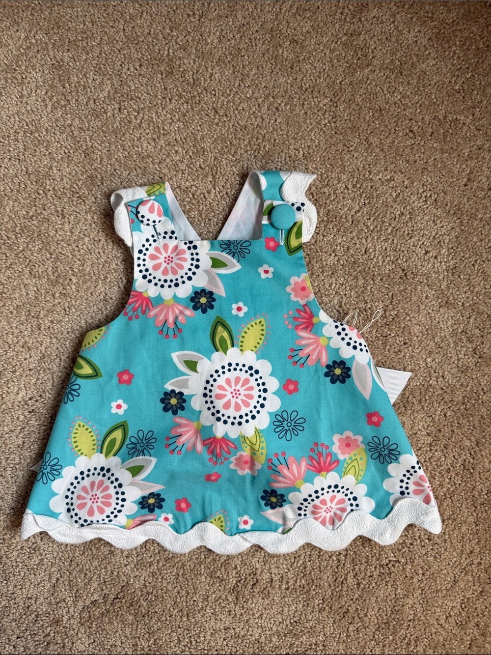 Stellybelly Baby Girl Aqua Blue Floral Retro Print Pinafore Dress /Top. 6 months